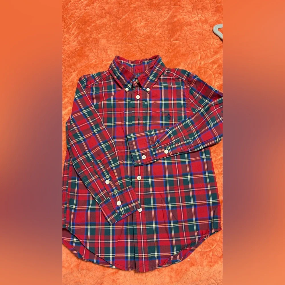 Ralph Lauren Boys  Shirt 4T Red Green Plaid Button Down Tartan